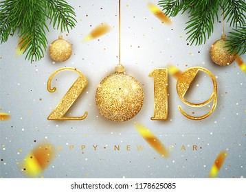 2019 Feliz Ano Novo. Ouro Numbers Design de cartão de saudação de Calling Shiny Confetti. Padrão dourado brilhante. Feliz Banner de Ano Novo com números 2019 em fundo brilhante. Ilustração vetorial.