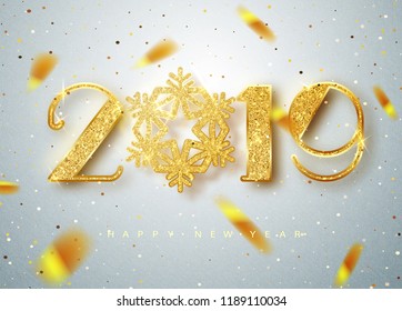 2019 Happy new year. Gold Numbers Design of greeting card of Falling Shiny Confetti. Gold Shining Pattern. Happy New Year Banner with 2019 Numbers on Bright Background. Vector illustration