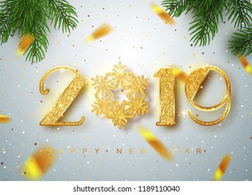 2019 Happy new year. Gold Numbers Design of greeting card of Falling Shiny Confetti. Gold Shining Pattern. Happy New Year Banner with 2019 Numbers on Bright Background. Vector illustration