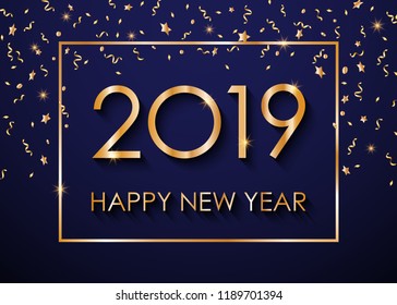 2019 Happy New Year gold text on blue background for greeting card. Vector illustration.