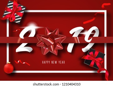 2019 Happy New Year . with gold paper cut art and craft style red   Background. gift box and red ribbon .
