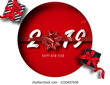 2019 Happy New Year . with gold paper cut art and craft style red and white  Background. gift box and red ribbon .