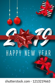 2019 Happy New Year . with gold paper cut art and craft style blue Background. christmas ball red and gift box and red ribbon . 