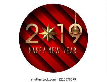 2019 Happy New Year . with gold paper cut art and craft style on red and black Background. Gold Star and christmas ball gold .