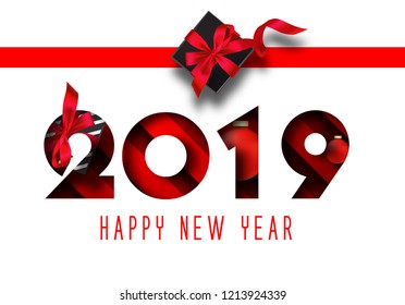 2019 Happy New Year with gold paper cut art and craft style on white Background. red bow on gift box and christmas ball gold 