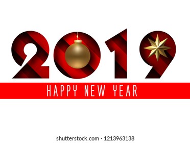 2019 Happy New Year with gold paper cut art and craft style on white Background. Gold Star and christmas ball gold 