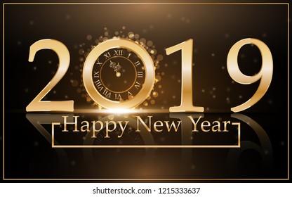 2019 Happy new year with Gold clock background