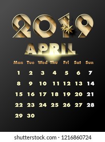 2019 Happy New Year with gold paper cut art and craft style on black. Calendar for April