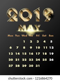 2019 Happy New Year with gold paper cut art and craft style on black. Calendar for May