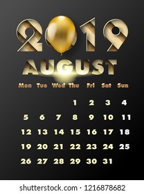 2019 Happy New Year with gold paper cut art and craft style on black. Calendar for August