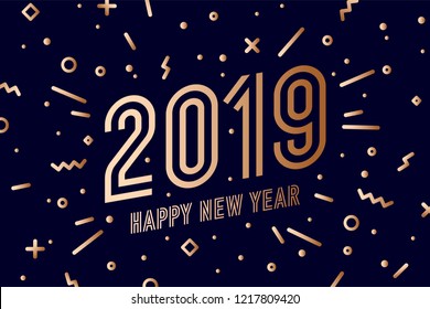 2019, Happy New Year, gold. Greeting card with golden text Happy New Year 2019. Memphis geometric gold style for Happy New Year or Merry Christmas. Background, banner, poster. Vector Illustration
