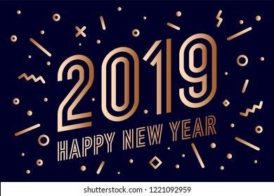 2019, Happy New Year, gold. Greeting card with golden text Happy New Year 2019. Memphis geometric gold style for Happy New Year or Merry Christmas. Background, banner, poster. Vector Illustration