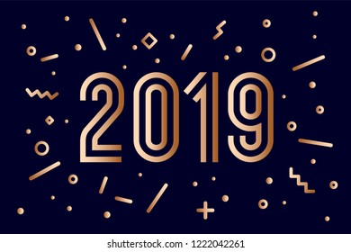 2019, Happy New Year, gold. Greeting card with golden year 2019. Memphis geometric gold style for Happy New Year or Merry Christmas. Background, banner, poster, web. Vector Illustration