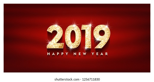 2019 Happy new year. Gold Numbers Design of greeting card. Gold Shining Pattern. Happy New Year Banner with 2019 Numbers on Bright Background. Vector illustration