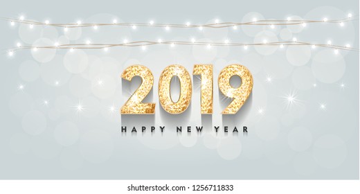 2019 Happy new year. Gold Numbers Design of greeting card. Gold Shining Pattern. Happy New Year Banner with 2019 Numbers on Bright Background. Vector illustration