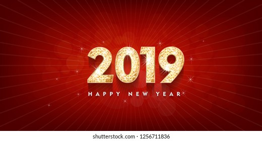 2019 Happy new year. Gold Numbers Design of greeting card. Gold Shining Pattern. Happy New Year Banner with 2019 Numbers on Bright Background. Vector illustration