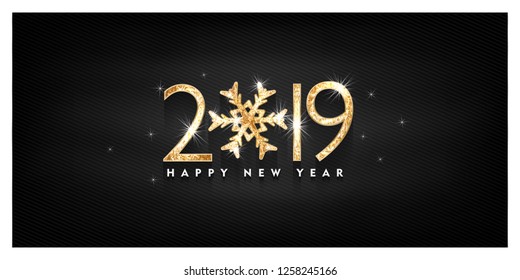 2019, Happy new year. Gold scintillant Design of greeting card. Happy New Year Banner Background. Vector illustration