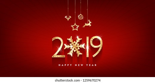 2019 Happy new year. Gold Numbers Design of greeting card. Gold Shining Pattern. Happy New Year Banner with 2019 Numbers on Bright Background. Vector illustration