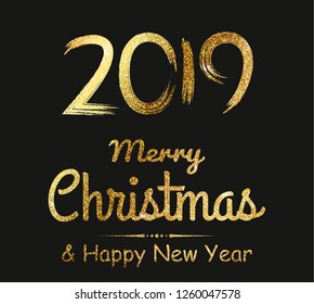 2019 Happy New Year gold text for greeting card, with gold glitter stars, calendar, invitation. Vector illustration.