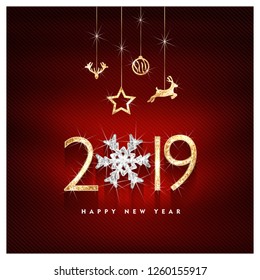 2019 Happy new year. Gold and diamond Design of greeting card. Gold Shining Pattern. Happy New Year Banner with 2019 Numbers on Bright Background. Vector illustration