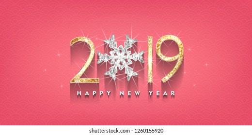 2019 Happy new year. Gold and diamond Design of greeting card. Gold Shining Pattern. Happy New Year Banner with 2019 Numbers on Bright Background. Vector illustration