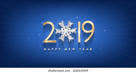 2019 Happy new year. Gold and diamond Design of greeting card. Gold Shining Pattern. Happy New Year Banner with 2019 Numbers on Bright Background. Vector illustration