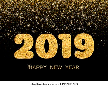2019 Happy New Year. Golden confetti on dark background. New Year 2019 greeting card. Background with golden numbers and confetti. Vector illustration.