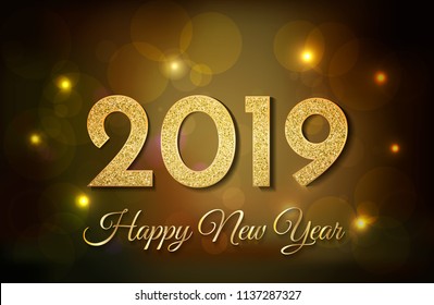 2019 Happy New Year. Golden numbers  on dark background. New Year 2019 greeting card. Background with golden numbers and text. Vector illustration.