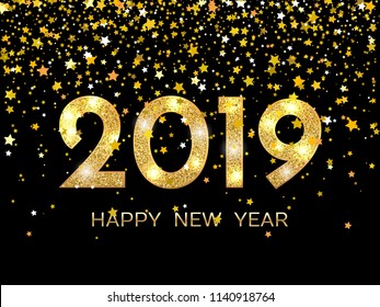 2019 Happy New Year. Golden stars on dark background. New Year 2019 greeting card. Background with golden numbers and stars. Vector illustration.