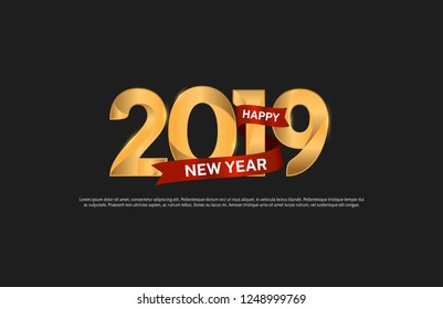 2019. Happy new year golden color with ribbon on black for holiday celebration