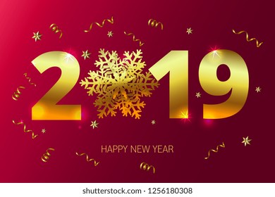 2019 happy new year, Golden snowflake, vector