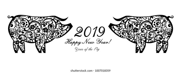 2019 Happy New Year greeting card. Celebration white background with pigs and place for your text. Vector Illustration
