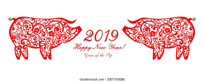 2019 Happy New Year greeting card. Celebration white background with pig and place for your text. Vector Illustration