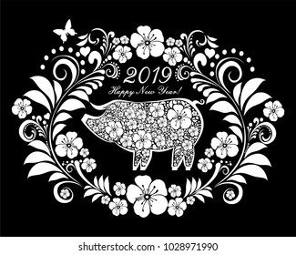 2019 Happy New Year greeting card. Celebration black background with pig and place for your text. Vector Illustration