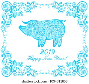 2019 Happy New Year greeting card. Celebration white background with pig and place for your text. Vector Illustration