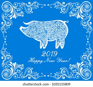2019 Happy New Year greeting card. Celebration blue background with pig and place for your text. Vector Illustration