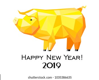 2019 Happy New Year greeting card. Celebration white background with gold pig and place for your text. Vector Illustration