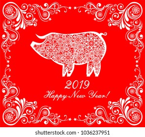 2019 Happy New Year greeting card. Celebration red background with pig and place for your text. Vector Illustration