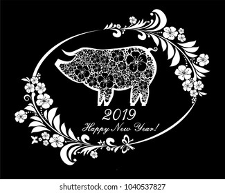 2019 Happy New Year greeting card. Celebration black background with pig and place for your text. Vector Illustration