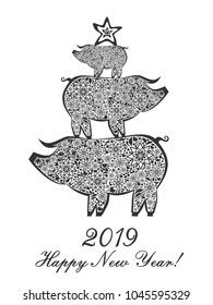 2019 Happy New Year greeting card. Celebration white  background with black pig and place for your text. Vector Illustration