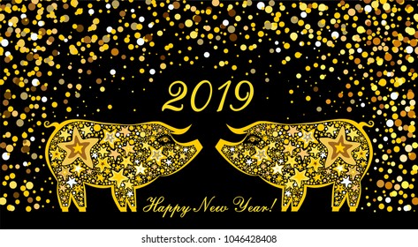 2019 Happy New Year greeting card. Celebration black background with gold pigs and place for your text. Vector Illustration