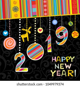 2019 Happy New Year. Greeting card. Celebration black background with Christmas balls, star, number 2019 and place for your text.  Vector Illustration