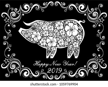 2019 Happy New Year greeting card. Celebration black background with pig, stars, flower, frame and place for your text. Vector Illustration