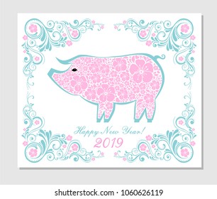 2019 Happy New Year greeting card. Celebration white background with pig and place for your text. Vector Illustration