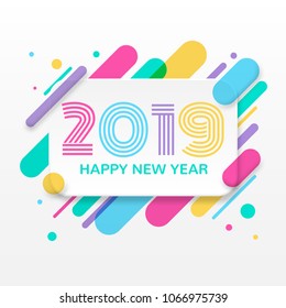 2019 Happy New Year greeting card with abstract colored rounded shapes lines in diagonal rhythm. For greeting card, poster, brochure or flyer template. Vector illustration.