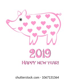 2019 Happy New Year greeting card. Celebration white background with pink pig and place for your text. Vector Illustration