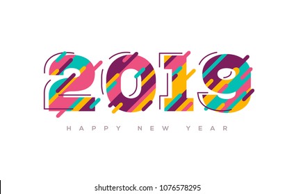 2019 Happy New Year greeting card with abstract colorful numbers for brochure design or business diary cover. Vector illustration.