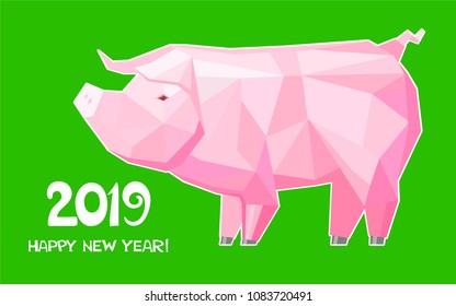 2019 Happy New Year greeting card. Celebration green background with pink pig and place for your text.  Vector Illustration