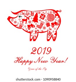 2019 Happy New Year greeting card. Celebration white background with red pig and place for your text. Vector Illustration