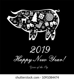 2019 Happy New Year greeting card. Celebration black background with  pig and place for your text. Vector Illustration